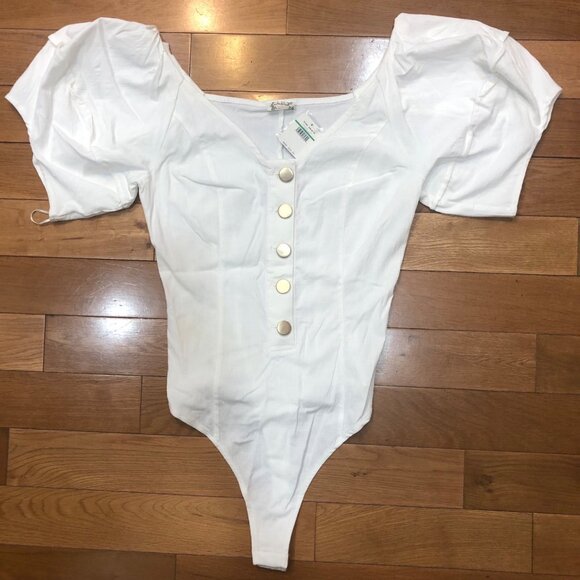 NWT Intimately Free People Not Basic Puff Sleeve Bodysuit Canvas White Sz L - Picture 2 of 10